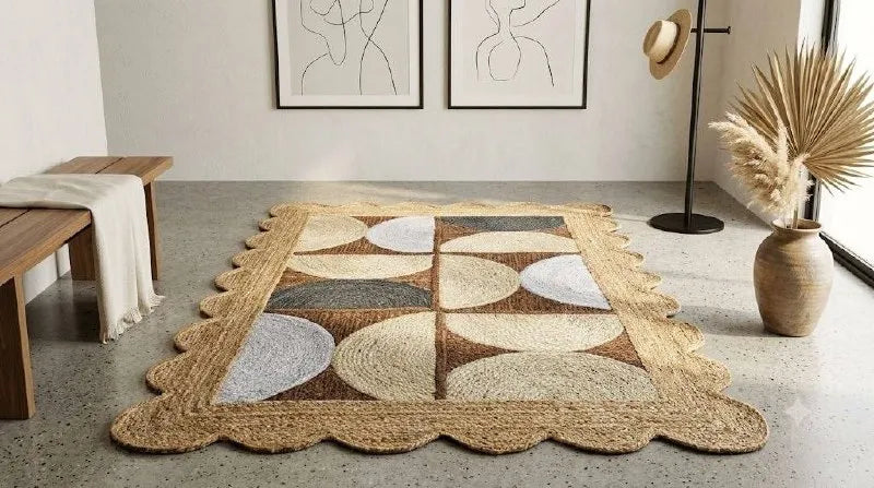 Natural Jute Scallop Rug – Artisan-Braided Abstract Area Carpet