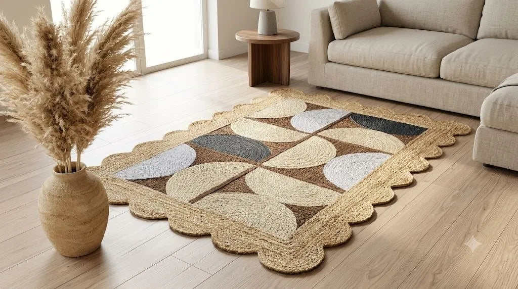 Natural Jute Scallop Rug – Artisan-Braided Abstract Area Carpet