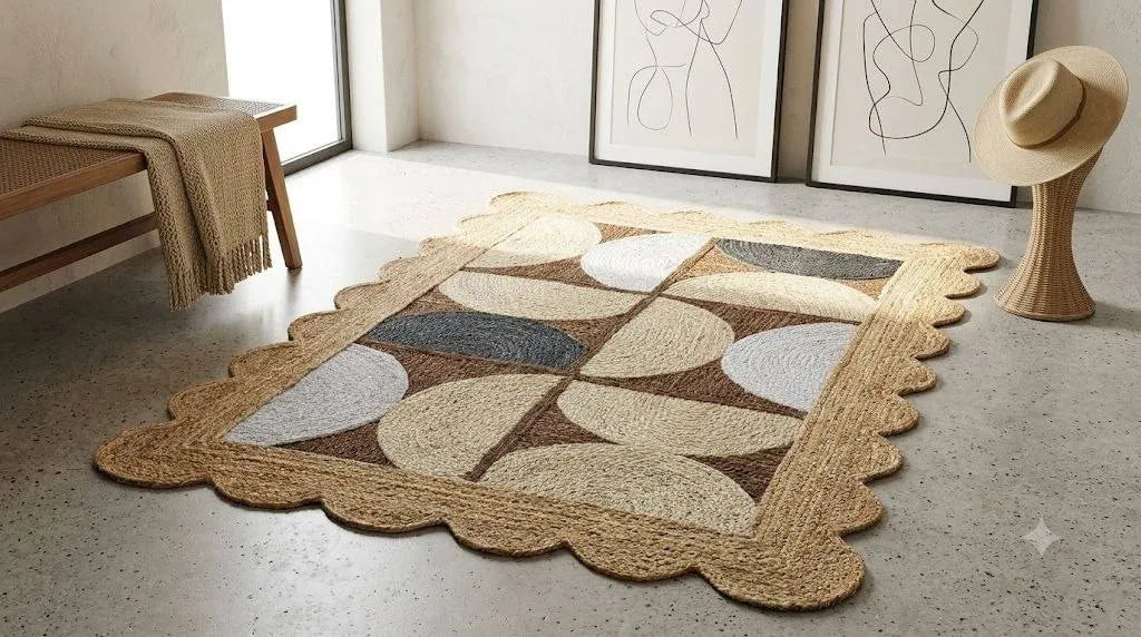 Natural Jute Scallop Rug – Artisan-Braided Abstract Area Carpet