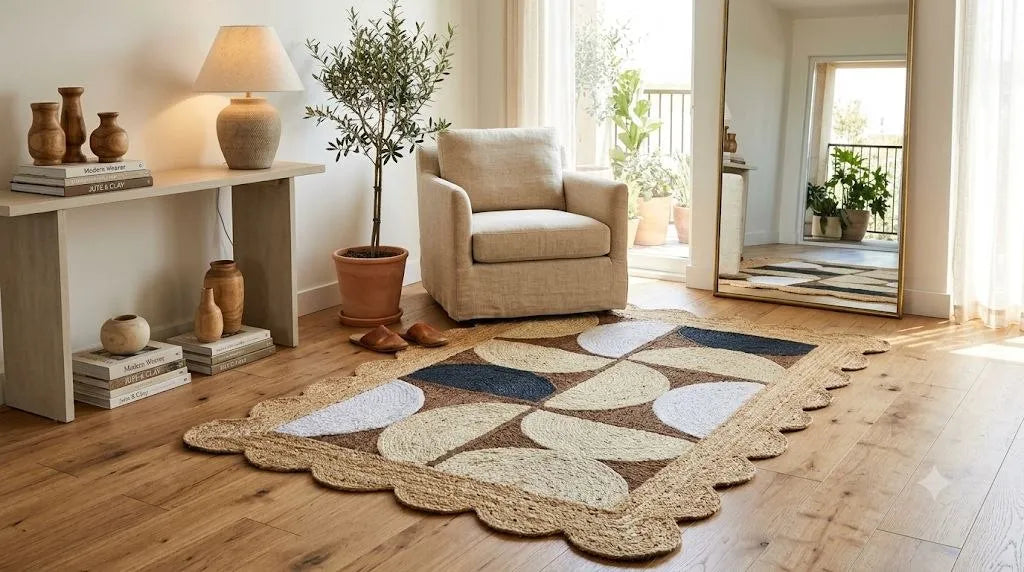 Natural Jute Scallop Rug – Artisan-Braided Abstract Area Carpet