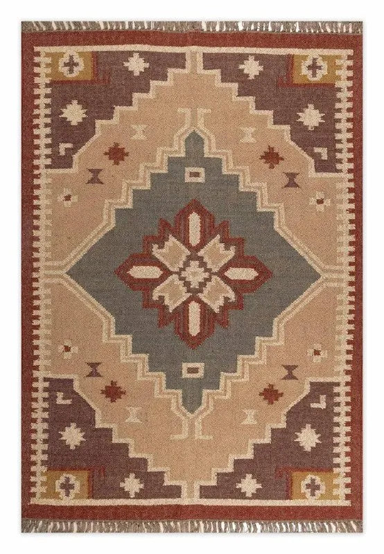 Neutral Wool Jute Kilim Dhurrie – Artisan-Woven Medallion Area Carpet