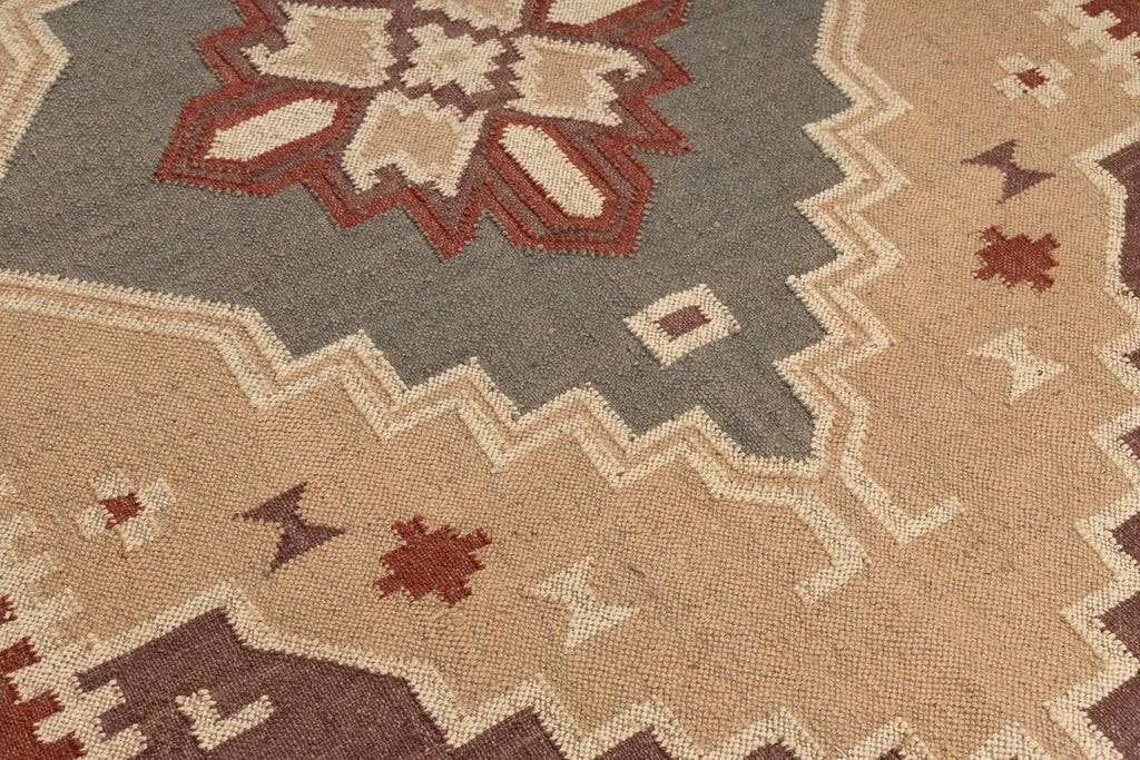 Neutral Wool Jute Kilim Dhurrie – Artisan-Woven Medallion Area Carpet