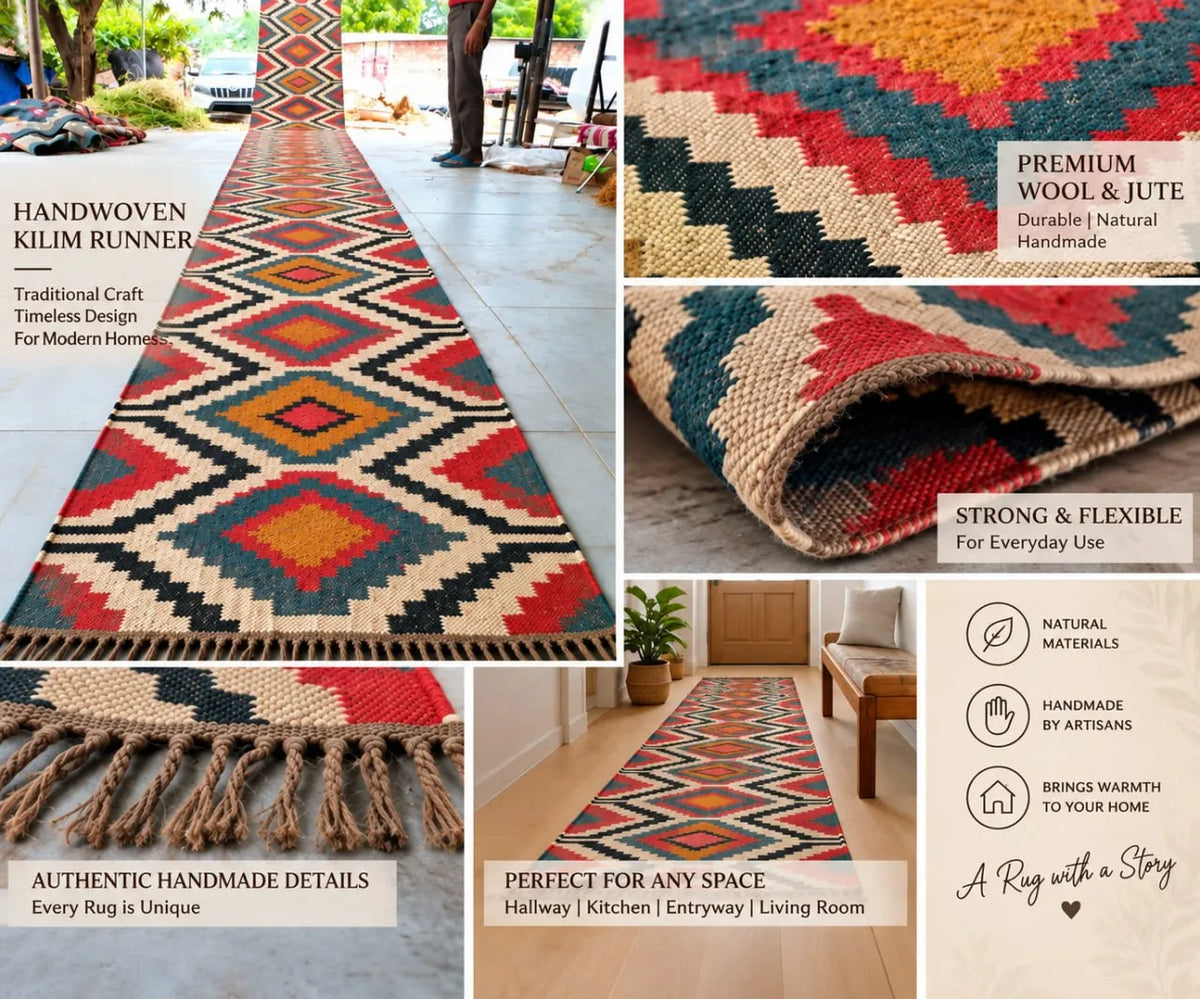 Maroon Volkskuns Kilim Tapytloper – Artisanaal-geweefde Wol Jute Mat, Volgens Maat Gemaak