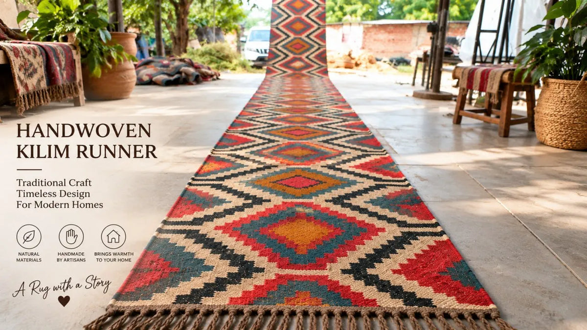 Maroon Volkskuns Kilim Tapytloper – Artisanaal-geweefde Wol Jute Mat, Volgens Maat Gemaak