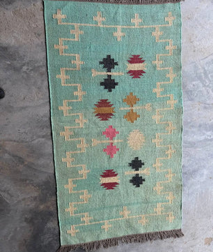Handwoven Wool Jute Kilim Rug, Teal Tribal Area Rug, Handmade Flatweave Dhurrie Carpet, Boho Geometric Living Room Rug with Fringe