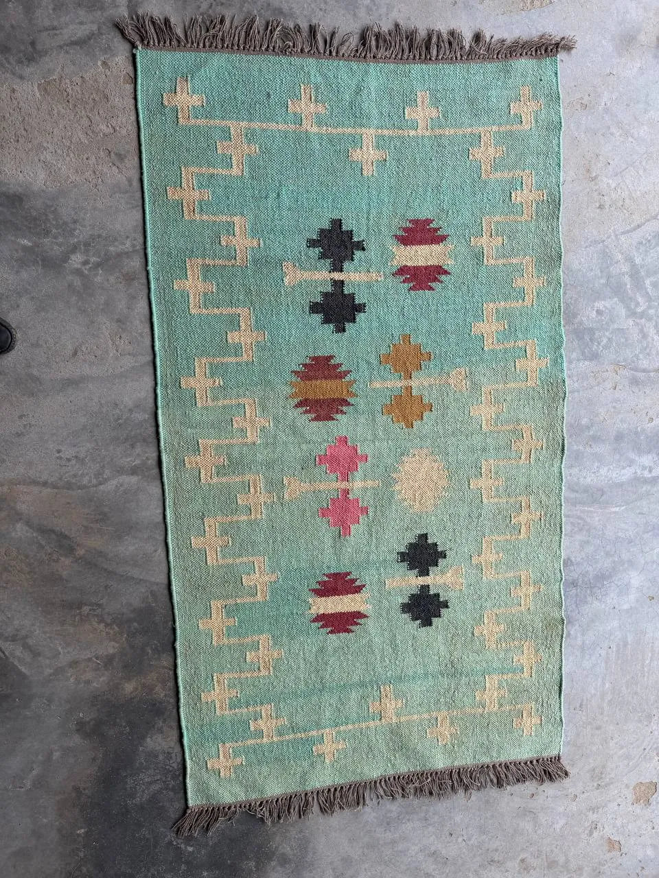 Handwoven Wool Jute Kilim Rug, Teal Tribal Area Rug, Handmade Flatweave Dhurrie Carpet, Boho Geometric Living Room Rug with Fringe