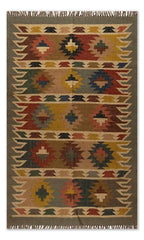 Handmade Southwestern Wool Jute Kilim Area Rug with Tribal Diamond Medallions | Flatweave Boho Farmhouse Rug for Living Room