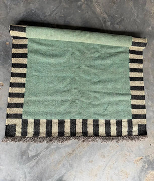 Handwoven Sage Green Cotton Jute Kilim Rug | Modern Minimalist Flatweave Area Rug with Striped Border for Living Room Bedroom