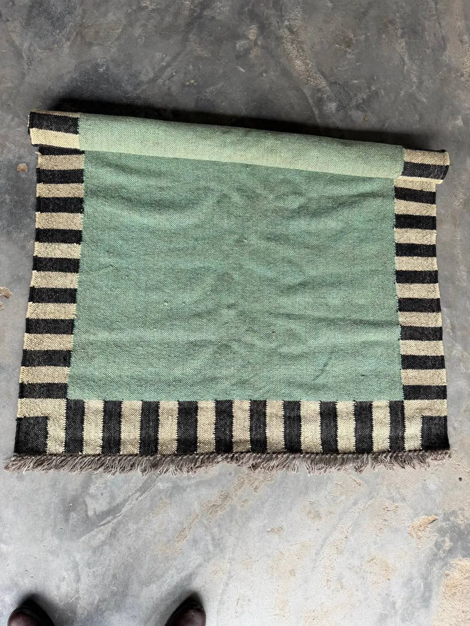 Handwoven Sage Green Cotton Jute Kilim Rug | Modern Minimalist Flatweave Area Rug with Striped Border for Living Room Bedroom