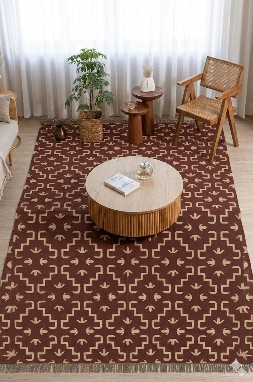 Handmade Burgundy Tribal Wool Jute Kilim Area Rug with Tassels | Geometric Flatweave Rug for Living Room & Bedroom