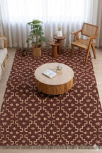 Handmade Burgundy Tribal Wool Jute Kilim Area Rug with Tassels | Geometric Flatweave Rug for Living Room & Bedroom