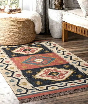 Handmade Tribal Wool Jute Kilim Area Rug with Tassels | Geometric Flatweave Boho Rug for Living Room, Bedroom & Hallway