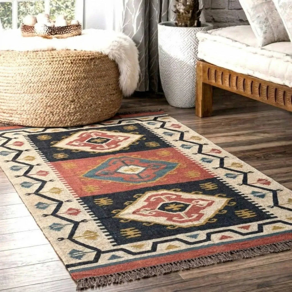 Handmade Tribal Wool Jute Kilim Area Rug with Tassels | Geometric Flatweave Boho Rug for Living Room, Bedroom & Hallway