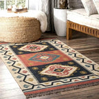 Handmade Tribal Wool Jute Kilim Area Rug with Tassels | Geometric Flatweave Boho Rug for Living Room, Bedroom & Hallway