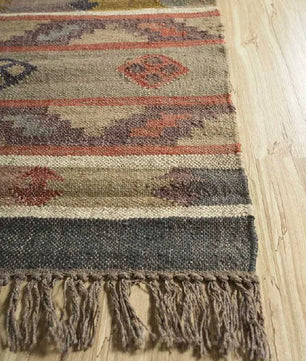 Handmade Striped Wool Jute Area Rug – Tribal Kilim Flatweave Rug with Fringe, Rustic Beige & Rust Geometric Decor