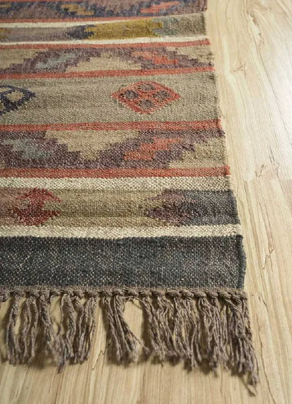 Handmade Striped Wool Jute Area Rug – Tribal Kilim Flatweave Rug with Fringe, Rustic Beige & Rust Geometric Decor
