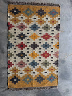 Handwoven Multicolor Wool Jute Kilim Rug, Boho Tribal Area Rug, Handmade Flatweave Dhurrie Carpet, Southwestern Geometric Rug with Fringe