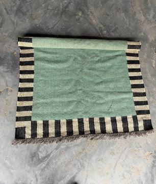 Handwoven Sage Green Cotton Jute Kilim Rug | Modern Minimalist Flatweave Area Rug with Striped Border for Living Room Bedroom