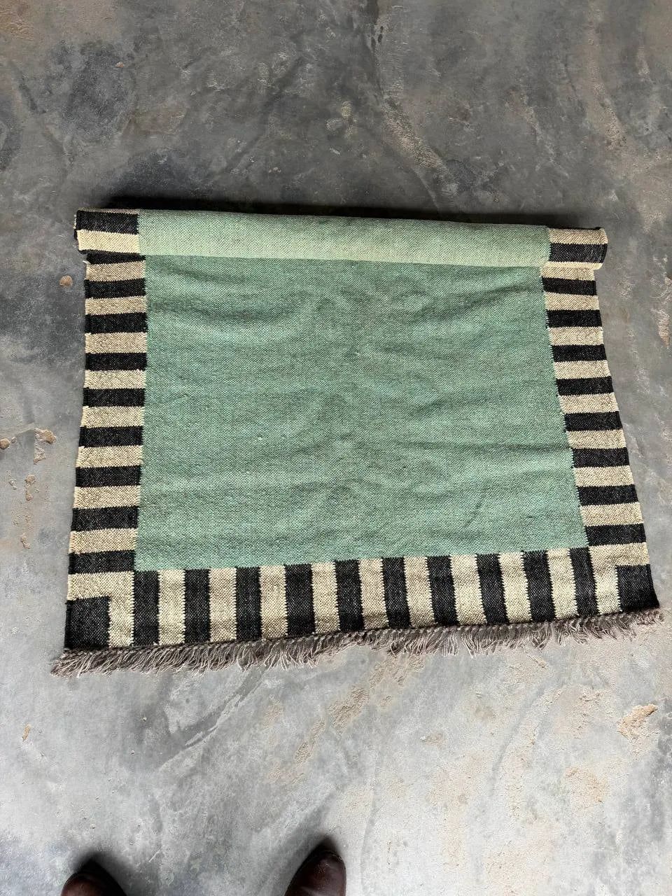 Handwoven Sage Green Cotton Jute Kilim Rug | Modern Minimalist Flatweave Area Rug with Striped Border for Living Room Bedroom