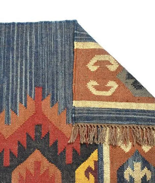 Handwoven Wool Jute Kilim Area Rug – Indigo Blue Southwestern Tribal Geometric Flatweave Rug with Fringe