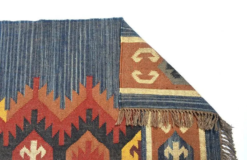 Handwoven Wool Jute Kilim Area Rug – Indigo Blue Southwestern Tribal Geometric Flatweave Rug with Fringe