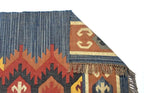 Handwoven Wool Jute Kilim Area Rug – Indigo Blue Southwestern Tribal Geometric Flatweave Rug with Fringe