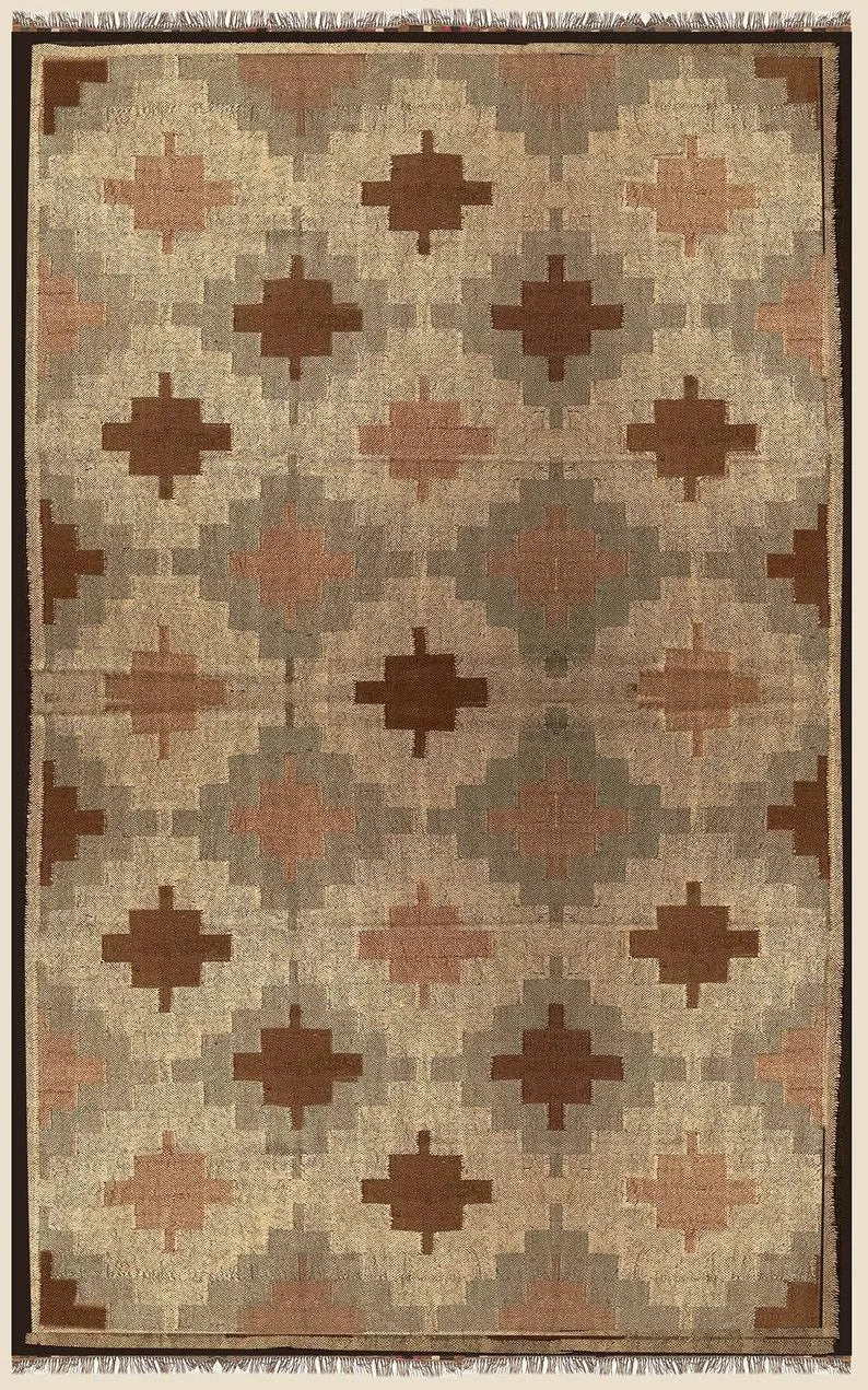 Tribal Diamond Wool Jute Area Rug – Handmade Southwestern Kilim Flatweave with Brown, Taupe & Terracotta Geometric Motifs