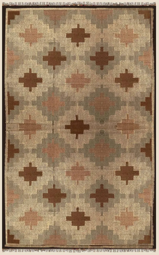 Tribal Diamond Wool Jute Area Rug – Handmade Southwestern Kilim Flatweave with Brown, Taupe & Terracotta Geometric Motifs