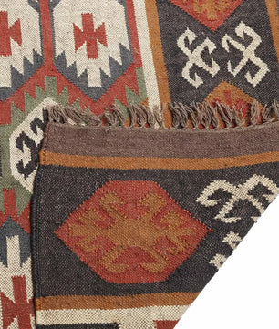 Southwestern Geometric Area Rug – Handmade Wool Jute Tribal Diamond Rug, Charcoal Terracotta Flatweave