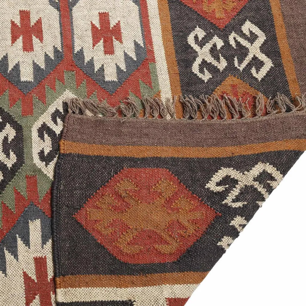Southwestern Geometric Area Rug – Handmade Wool Jute Tribal Diamond Rug, Charcoal Terracotta Flatweave