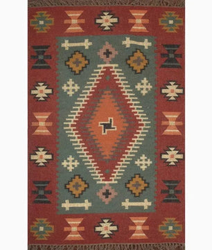 Handwoven Wool Jute Kilim Area Rug – Rust Green Southwestern Geometric Flatweave Rug with Fringe, Tribal Boho Rug for Living Room