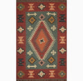 Handwoven Wool Jute Kilim Area Rug – Rust Green Southwestern Geometric Flatweave Rug with Fringe, Tribal Boho Rug for Living Room