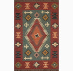 Handwoven Wool Jute Kilim Area Rug – Rust Green Southwestern Geometric Flatweave Rug with Fringe, Tribal Boho Rug for Living Room