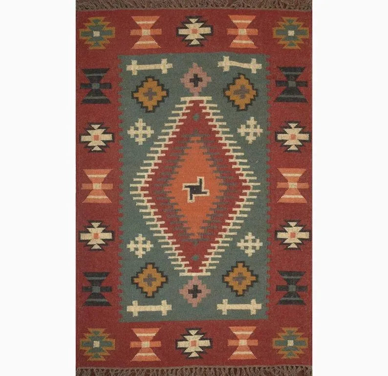 Handwoven Wool Jute Kilim Area Rug – Rust Green Southwestern Geometric Flatweave Rug with Fringe, Tribal Boho Rug for Living Room
