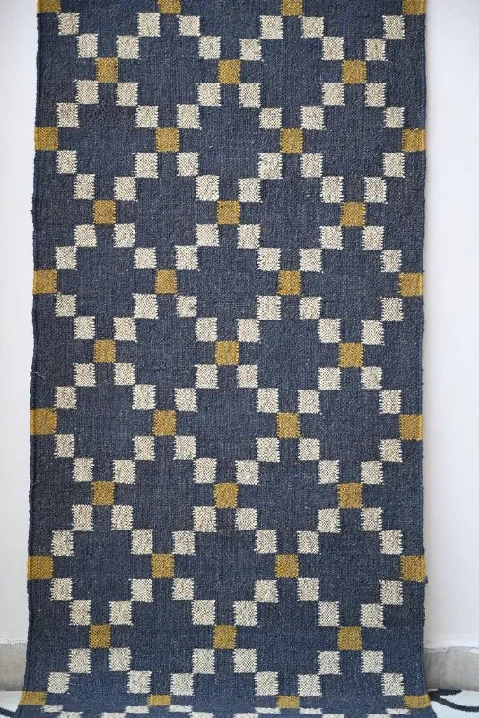 Handmade Geometric Kilim Runner Rug – Charcoal & Cream