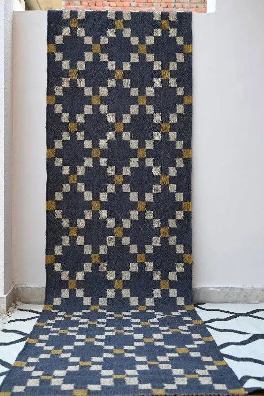Handmade Geometric Kilim Runner Rug – Charcoal & Cream