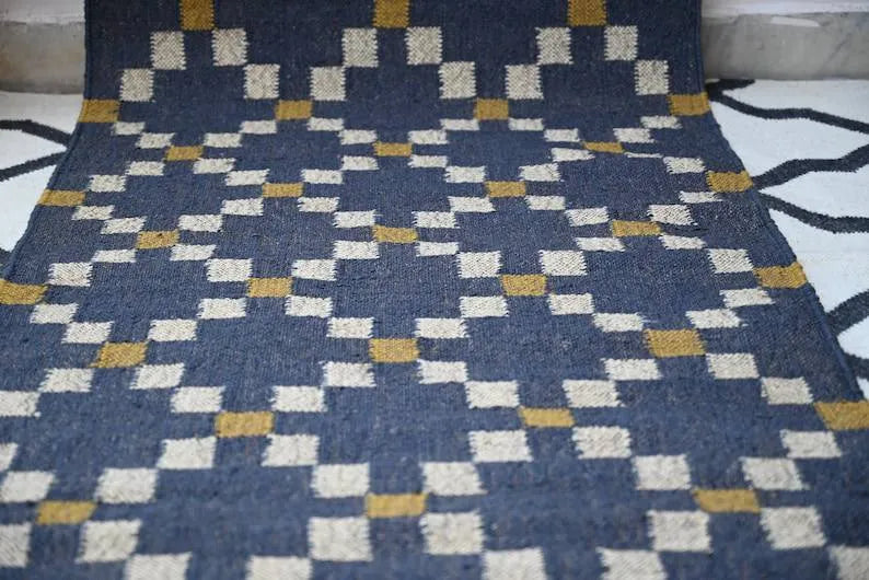 Handmade Geometric Kilim Runner Rug – Charcoal & Cream