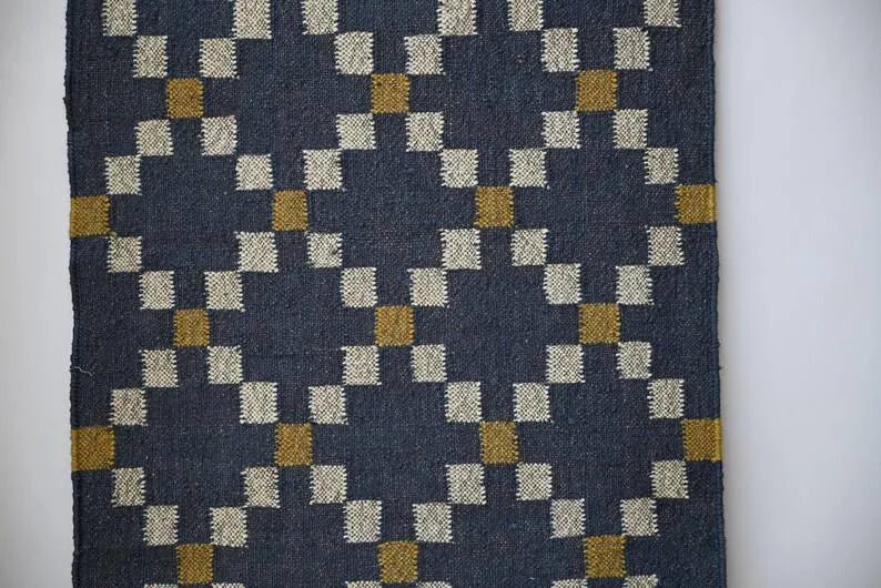 Handmade Geometric Kilim Runner Rug – Charcoal & Cream