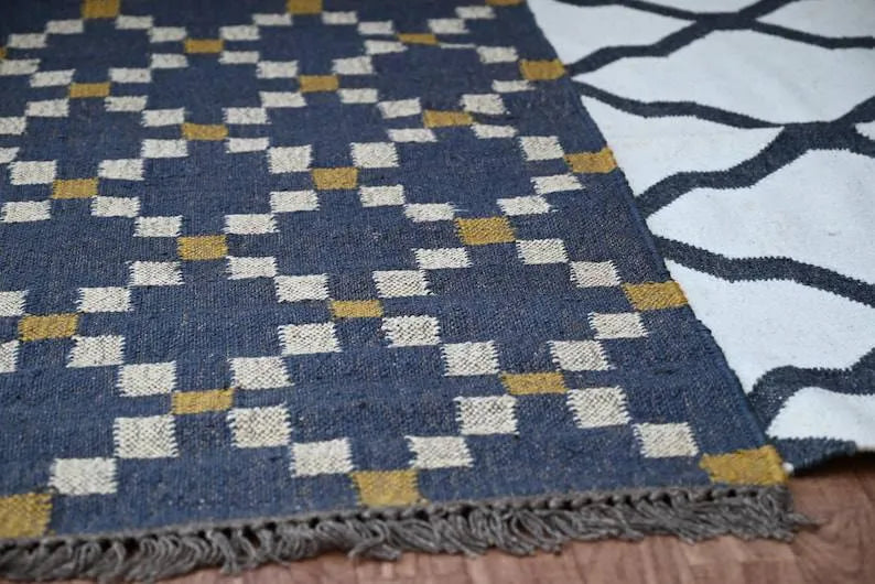 Handmade Geometric Kilim Runner Rug – Charcoal & Cream