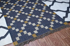 Handmade Geometric Kilim Runner Rug – Charcoal & Cream