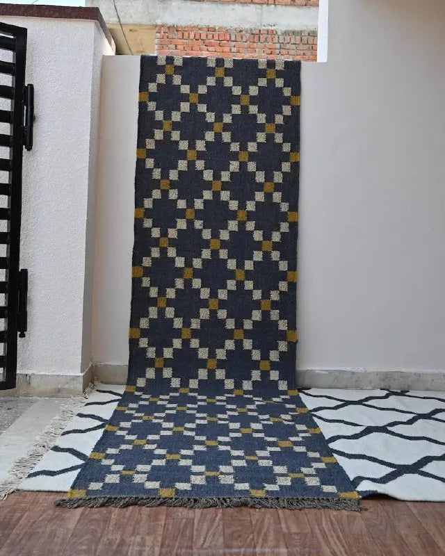 Handmade Geometric Kilim Runner Rug – Charcoal & Cream