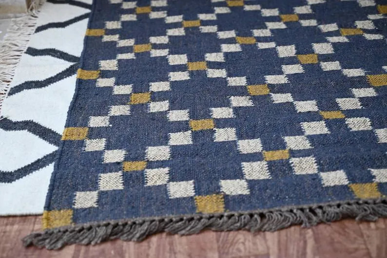Handmade Geometric Kilim Runner Rug – Charcoal & Cream