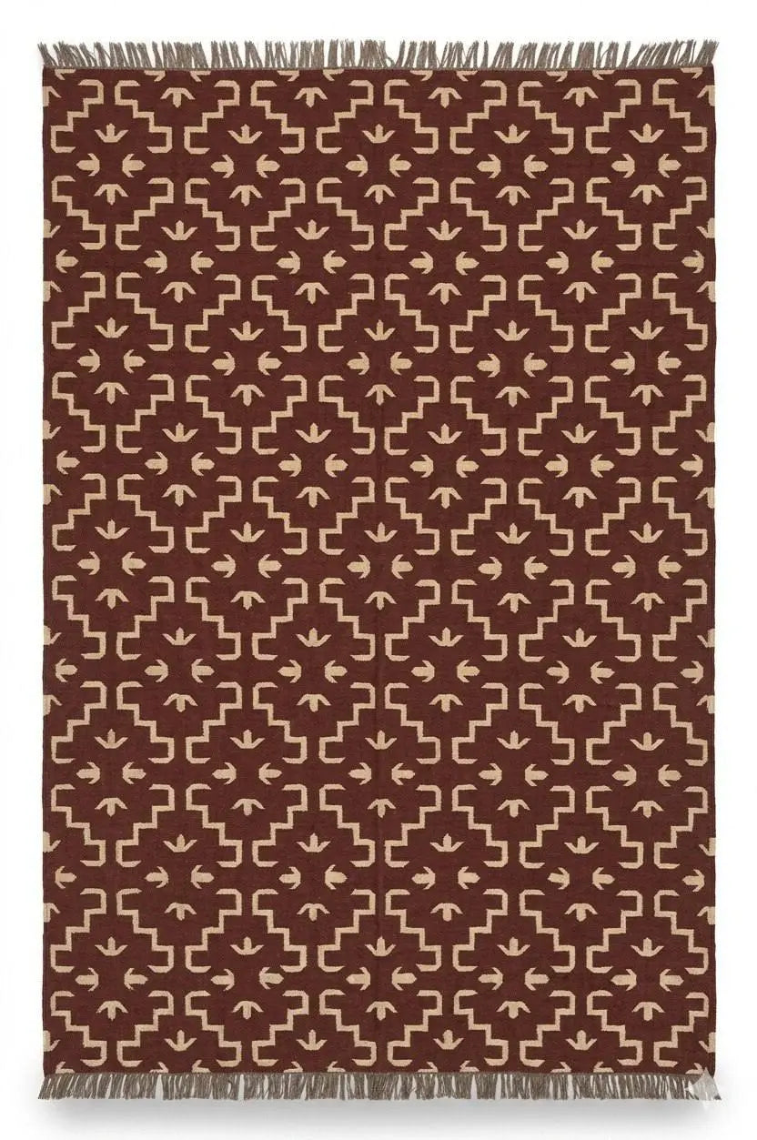Handmade Burgundy Tribal Wool Jute Kilim Area Rug with Tassels | Geometric Flatweave Rug for Living Room & Bedroom