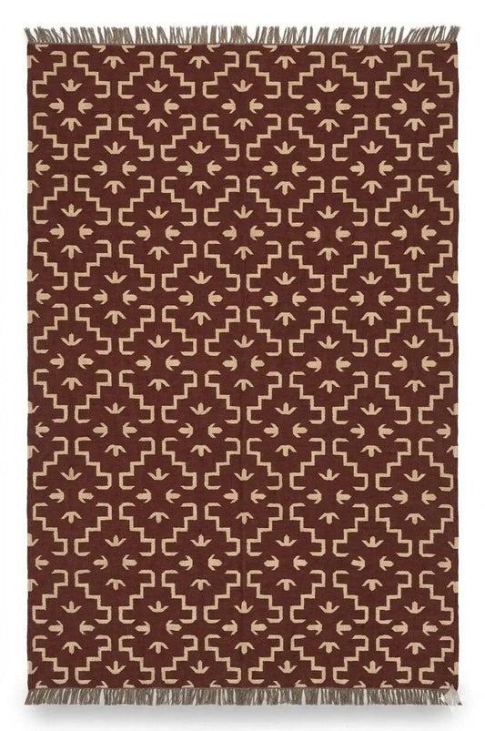 Handmade Burgundy Tribal Wool Jute Kilim Area Rug with Tassels | Geometric Flatweave Rug for Living Room & Bedroom