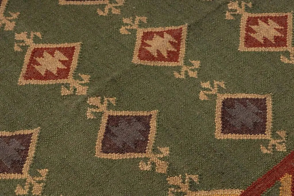 Handwoven Green Wool Jute Kilim Area Rug – Traditional Tribal Diamond Geometric Flatweave Dhurrie, Reversible Boho Southwestern Rug for Living Room & Bedroom