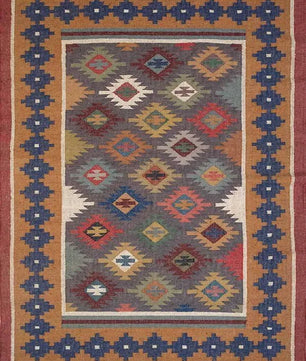Handwoven Wool Jute Kilim Area Rug – Multicolor Southwestern Geometric Flatweave Rug with Fringe, Rustic Boho Living Room Rug