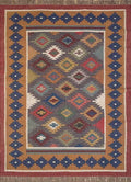 Handwoven Wool Jute Kilim Area Rug – Multicolor Southwestern Geometric Flatweave Rug with Fringe, Rustic Boho Living Room Rug