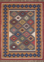 Handwoven Wool Jute Kilim Area Rug – Multicolor Southwestern Geometric Flatweave Rug with Fringe, Rustic Boho Living Room Rug