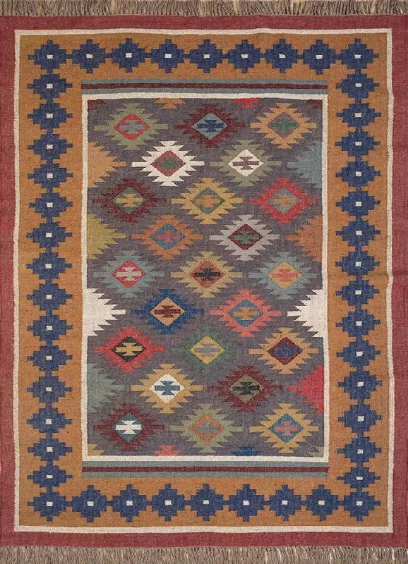 Handwoven Wool Jute Kilim Area Rug – Multicolor Southwestern Geometric Flatweave Rug with Fringe, Rustic Boho Living Room Rug