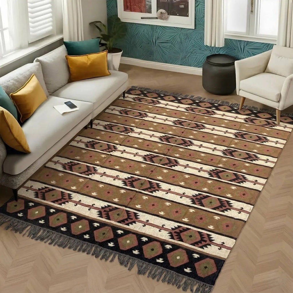 Handwoven Southwestern Navajo Kilim Rug | Handmade Wool Jute Tribal Area Rug, Boho Flatweave Dhurrie for Living Room Bedroom